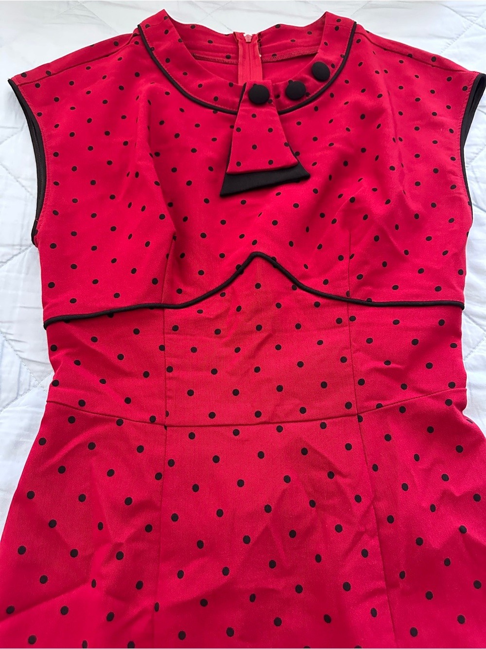 Stop Staring Red Polka Dot Sheath Dress with Black Trim - Picture 7 of 7